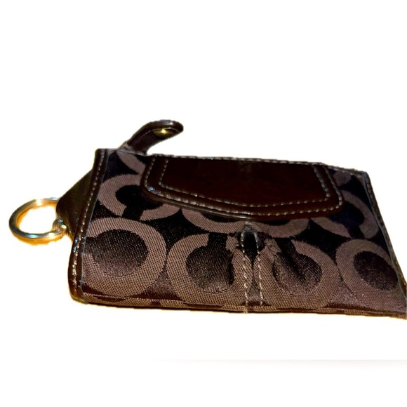 Coach "C" Patent Leather & Fabric Mini Card/Coin Pouch w/Keyring, Zip, Brown - Picture 8 of 9